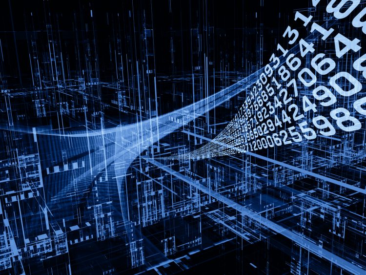 Digital Streams series. Composition of numbers lights and design elements on the subject of digital communications data transfers and virtual reality