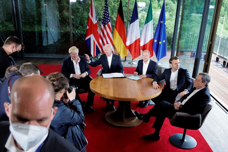 U.S. President Joe Biden meets with German Chancellor Olaf Scholz, French President Emmanuel Macron, Italian Prime Minister Mario Draghi and British Prime Minister Boris Johnson alongside the G7 leaders summit at Bavaria's Schloss Elmau, near Garmisch-Partenkirchen, Germany June 28, 2022. REUTERS/Jonathan Ernst