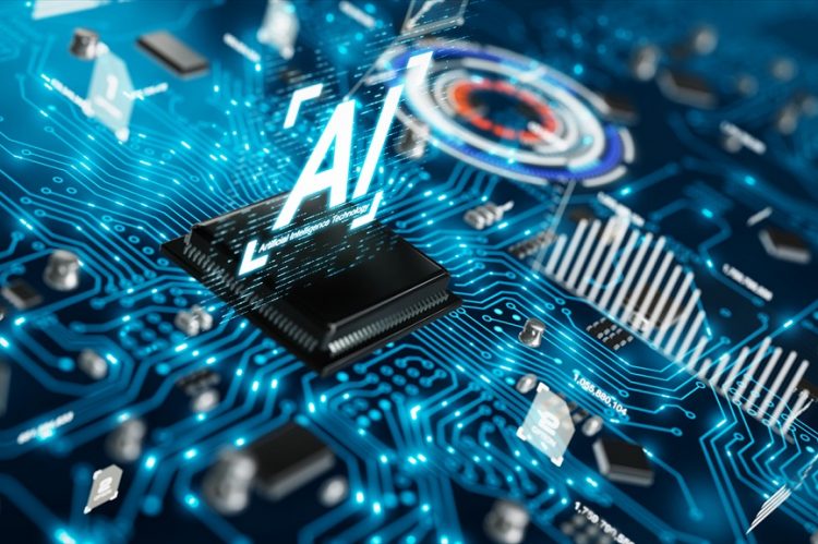 3D render AI artificial intelligence technology CPU central processor unit chipset on the printed circuit board for electronic and technology concept select focus shallow depth of field