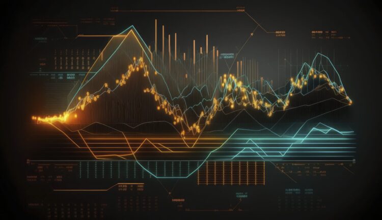 Financial graphs, glowing lines and diagram on digital screen. Trading market and economic concept. Financial crisis and inflation. Created with generative AI