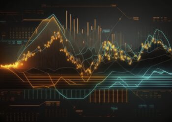 Financial graphs, glowing lines and diagram on digital screen. Trading market and economic concept. Financial crisis and inflation. Created with generative AI