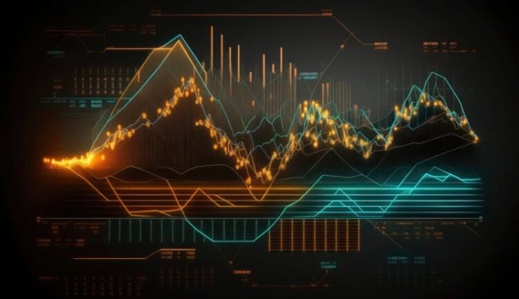 Financial graphs, glowing lines and diagram on digital screen. Trading market and economic concept. Financial crisis and inflation. Created with generative AI